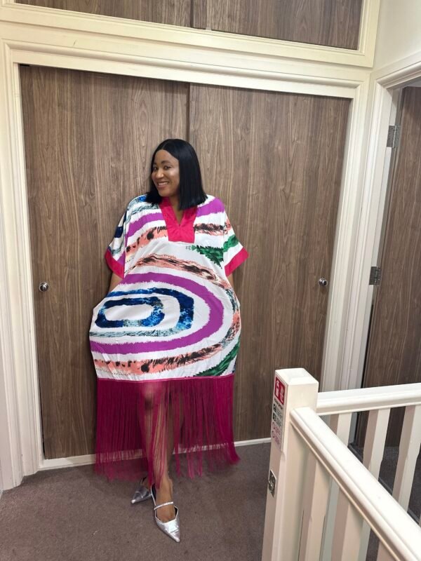 vibrant swirl fringe kaftan dress